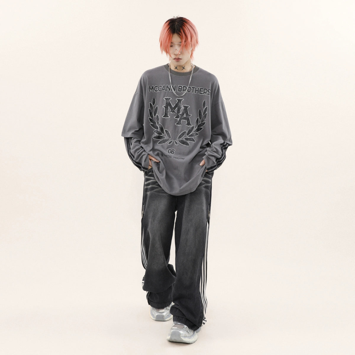 two piece line street logo long T shirt BZ11911