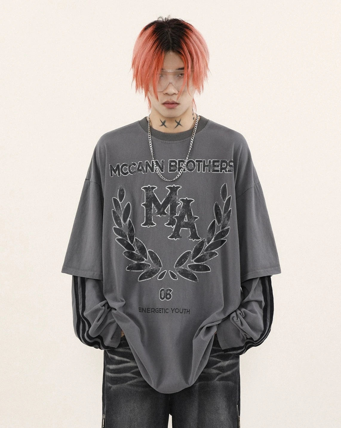 two piece line street logo long T shirt BZ11911
