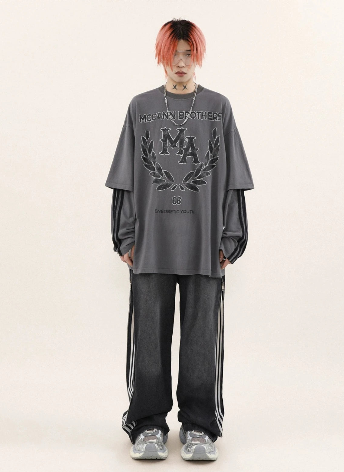two piece line street logo long T shirt BZ11911