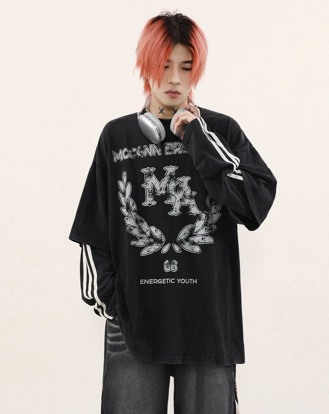 two piece line street logo long T shirt BZ11911