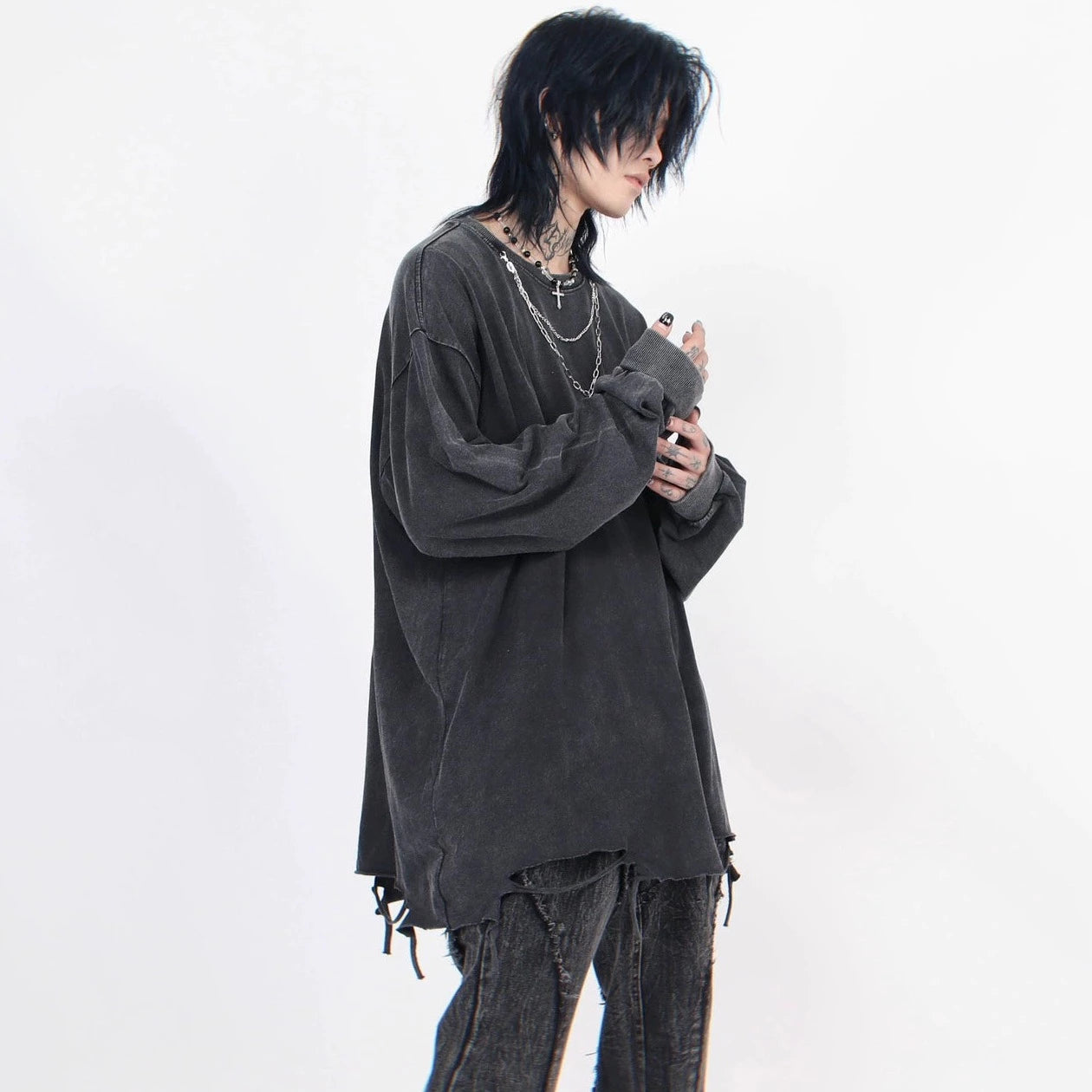 ダメージヘムオーバーロングTシャツ BZ11718